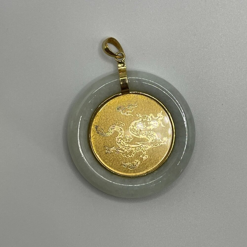 14K Yellow Gold & Green medallion Jade Pendant‎ With Dragon Design read
